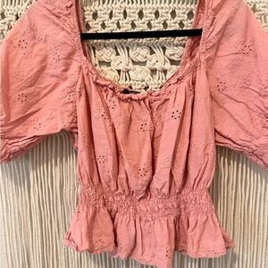 Ambiance Pink Eyelet Blouse – Boho Chic Embroidered Lace Detail, Women’s Casual